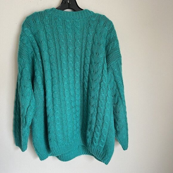 Vintage 80s 90s Chunky Cable Knit Fisherman Mohair Blend Sweater L Emerald Green - Picture 3 of 5